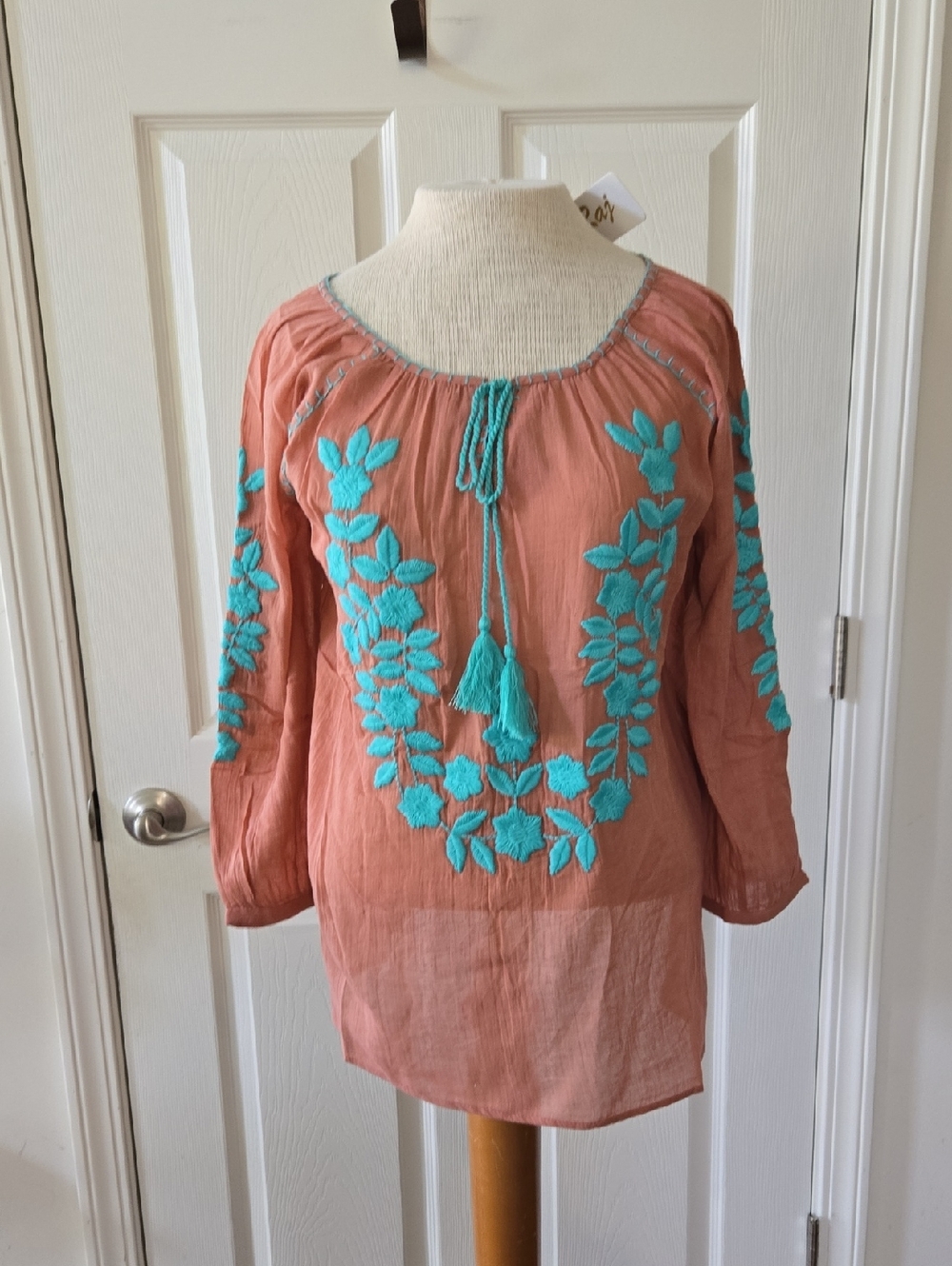 Raj Coral Tunic with Turquoise Embroidered Floral Accents